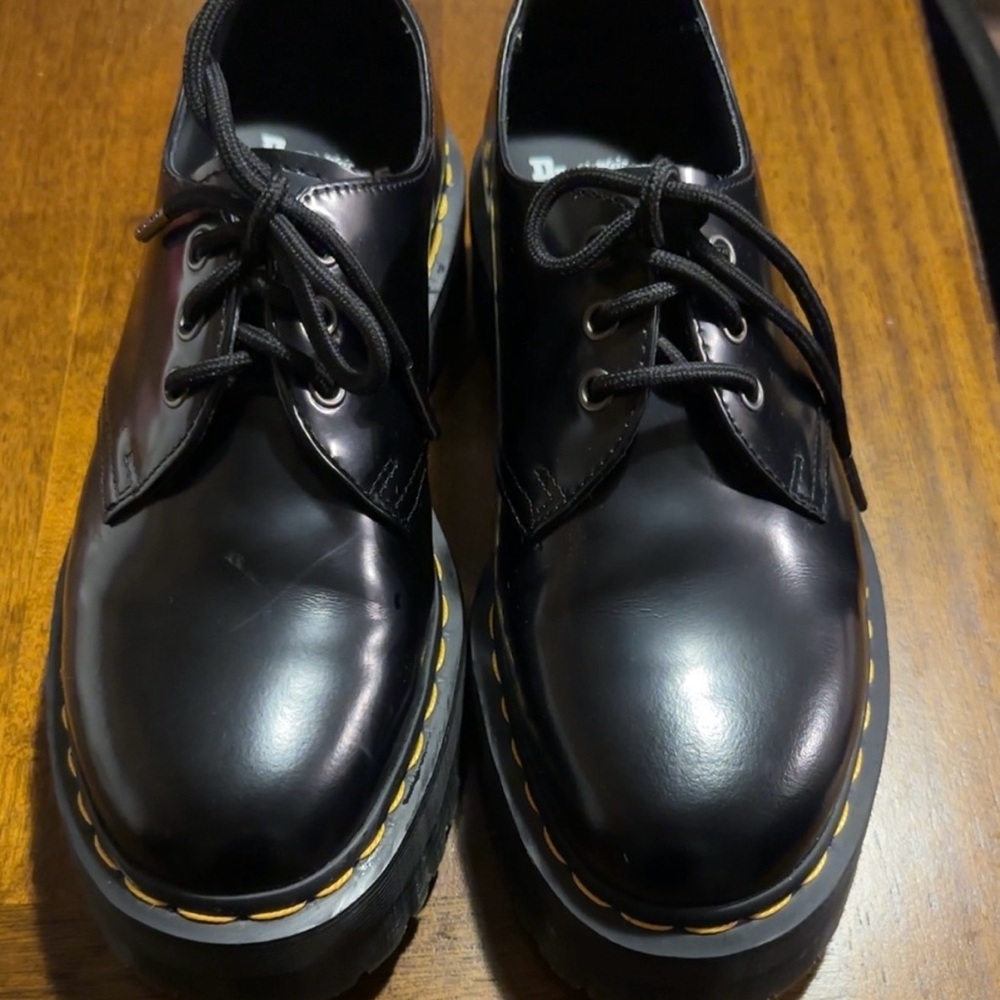 Dr. Martens Black Leather Oxfords with Yellow Stitching